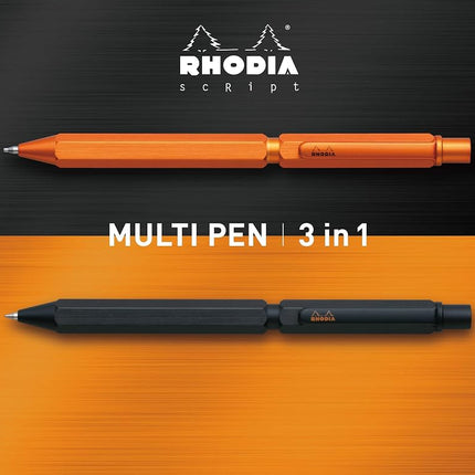 RHODIA 9340C - 3 in 1 scRipt Multipen 2 Ballpoint Pens 0.5 mm Black & Red + 1 Graphite Mechanical Pencil 0.5 mm - Hexagonal Body in Orange Brushed Aluminium - Refillable - Eraser Under the Push Button