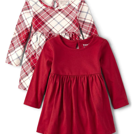 The Children's Place Vestidos de manga larga a cuadros para bebés, talla única y recién nacidos, paquete de 2, cuadros rojos/blancos, 9-12 meses