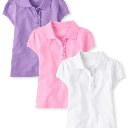 Lot de 3 Polos en Piqué Volantés à Manches Courtes The Children's Place pour Filles, Blanc/Rose Scintillant/Violet, Taille XXL