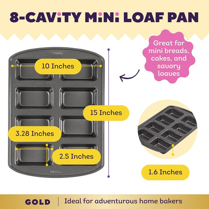 Wilton Gold Premium Non-Stick Warp-Resistant Bakeware, Made Without PFAs, Mini Loaf Pan, 8-Cavity, 15 x 10 x 1.5 in, Packaging May Vary