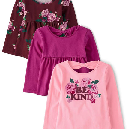 The Children's Place Baby Girls' Long Sleeve Graphic Top with Back Detail, Be Kind/Fuschia/Floral 3-Pack, 2T