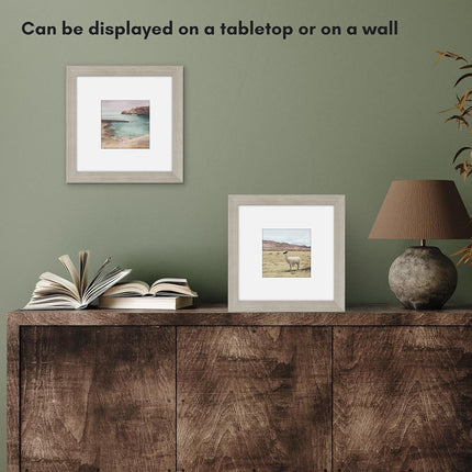 Cadre photo Americanflat 8x8 en bois flotté - Affiche 4x4 avec passe-partout et 8x8 sans passe-partout - Bois composite avec verre incassable pour mur et table