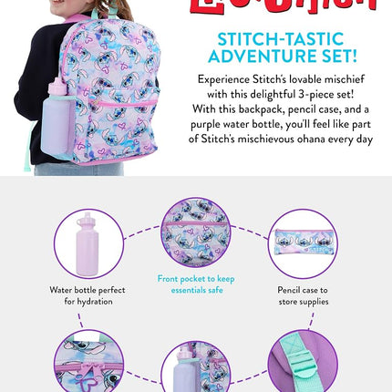 Disney Stitch School Bag Set 3 Piece | Lilo and Stitch Backpack With Pencil Case And Water Bottle | Girls Backpacks | Multicolour