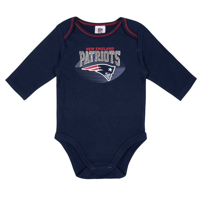 NFL New England Patriots Boys 2 Pack Long Sleeve Bodysuit, Navy Blue/Grey, 0-3M