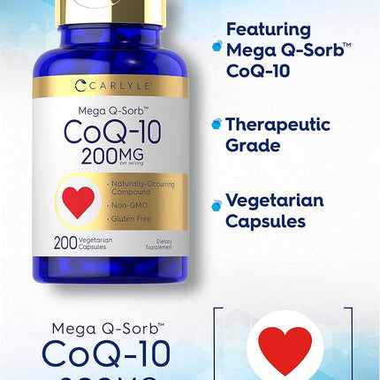 CoQ10 200mg | 200 Capsules | Mega Q-Sorb Coenzyme Q-10 | Vegetarian, Non-GMO, Gluten Free | by Carlyle