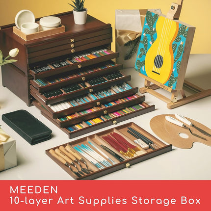 MEEDEN 10-Drawer Art Supply Storage Box - Large Capacity Multi-Function Beech-Wood Pencil Box with Drawer & Compartments for Organizing Pastels, Pencils, Pens, Markers, Brushes & Stamp, Walnut