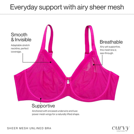 Curvy Couture Women's Sheer Mesh Full-Coverage Unlined Underwire-Bra, Glamberry, 34DD