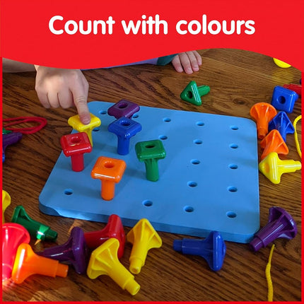 edxeducation Geo Pegs and Peg Board Set | 36 Pegs in 3 Shapes and 6 Colours + 3 Laces | Ages 18m+ | Homeschooling Supplies for Preschool Activities