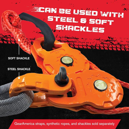 GearAmerica Smart Snatch Block para ATV o UTV (Side-by-Side) | 24,000 LBS (12T) MBC y 12,000 LBS (6T) WLL | Polea de cabrestante para cuerda sintética o cable de acero de hasta 7/16" (11 mm) y cabrestantes de hasta 12K LBS