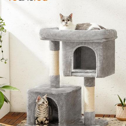 Feandrea Cat Tree Tower, 84 cm, L, Condo for Large Cats up to 16 lb, Large Perch, 2 Caves, Scratching Post, Light Gray UPCT61W