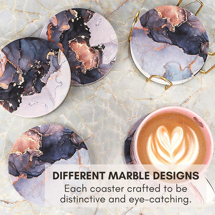 Ceramic Absorbent Coasters Set of 6 with Holder, Marble Drink Coasters for Coffee Table, Water Absorbing Coaster (Black)