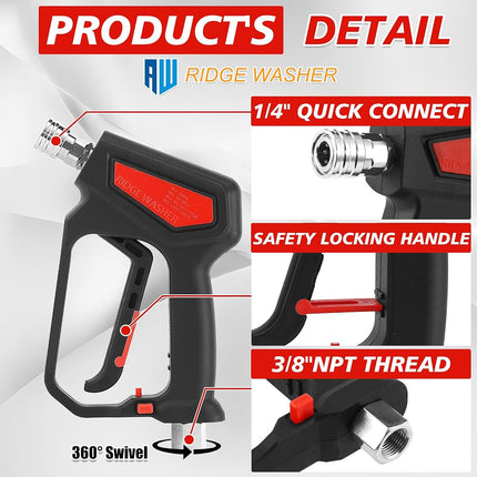 Ridge Washer Pressure Washer Gun 5000 PSI, 12 GPM, High Pressure Spray Gun with 1/4" Quick Connector, 3/8'' Quick Connect, M22-14mm and M22-15mm Fitting