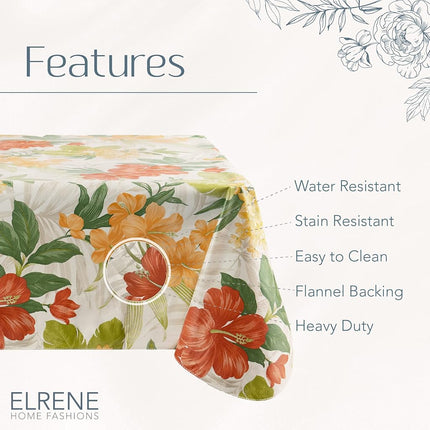 Elrene Home Fashions Callisto Tropical Floral Water and Stain Resistant Vinyl Indoor/Outdoor Tablecloth with Flannel Backing, 60"x102" Rectangle