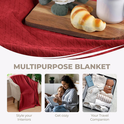 Superior Diamond Weave Blanket, 100% Cotton Cover for Home, Couch, Bed, Soft, Warm Blankets, Boho Aesthetic, Comfy, Cozy, and Cute Covers, Decorative Bedding Essentials, California King, Burgundy