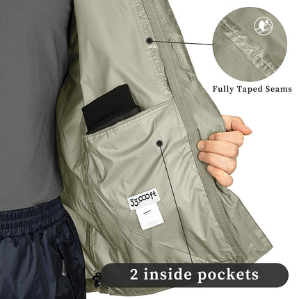 33,000ft Packable Rain Jacket Men's Lightweight Waterproof Rain Shell Jacket Raincoat with Hood for Golf Cycling Windbreaker, Khaki, Large