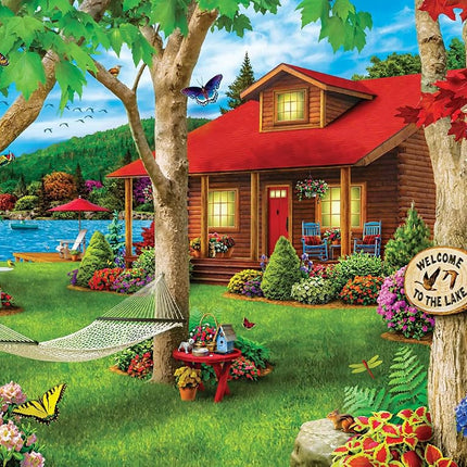 MasterPieces Lazy Days Lakeside Retreat - Rompecabezas de 750 piezas "Cabaña junto al lago" de Alan Giana