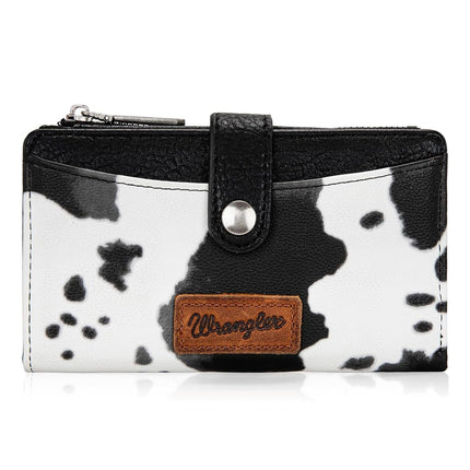 Wrangler Small Trifold Wallets for Women Leather Slim Bifold Ladies Mini Purse Credit Card Holder Money Organizer, Black Cow Print, 6" X 4" X 1.2", Chic