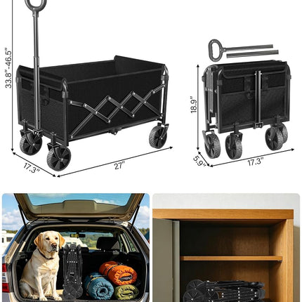 Wagons Carts Foldable, Collapsible Wagon, Foldable Wagon Cart with Wheels, Folding Wagons for Beach Camp Sports Garden, 2 Cup Holders/Lightweight Portable/Black/360 LBS