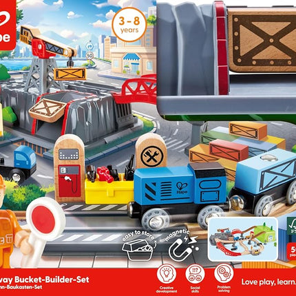 Sustainable Wood Toy Train, Hape Railway Bucket 50-piece Builder Set With Railway Tracks, 1 Railwayman, 1 Signal Box, 1 Truck, 1 Crane. 3 years +