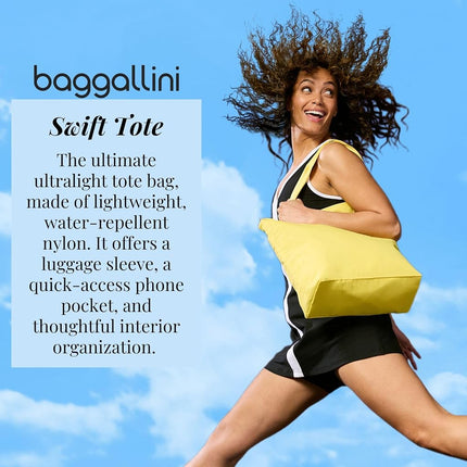 Baggallini Swift Tote Bag for Women - Lightweight 12x16 Nylon Zipped Travel Carry On Bag w/Luggage Sleeve, B-lite Lemon