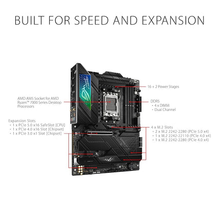 ASUS ROG Strix X670E-F Gaming WiFi AMD Ryzen AM5 ATX motherboard, 16 + 2 power stages, DDR5 support, four M.2 slots with heatsinks, USB 3.2 Gen 2x2, PCIe 5.0, WiFi 6E, AI Cooling II, and Aura Sync