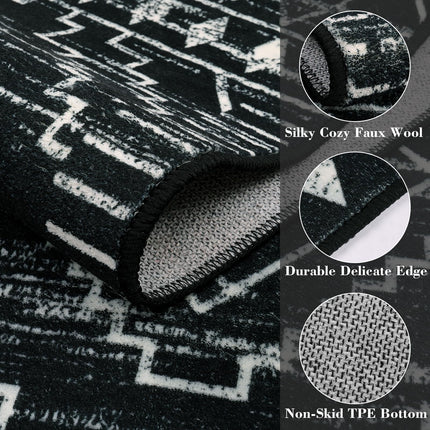 Wonnitar Moroccan 3x5 Rug, Black Washable Small Rug for Bedroom, Non-Slip Geometric Tribal Entry Throw Mat, Boho Farmhouse Rustic Soft Low Pile Area Rug for Bathroom Dining Guest Room (Black,3'x5')