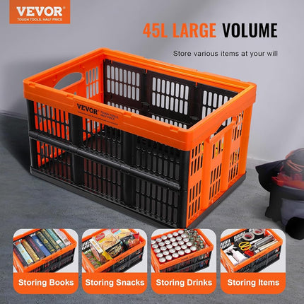 VEVOR Plastic Collapsible Storage Basket, 45L 3 Packs, Folding Stackable Storage Containers/Bins with Handles, Large Heavy Duty Containers for Clothes, Toys, Books, Snack, Shoes and Grocery Organizing