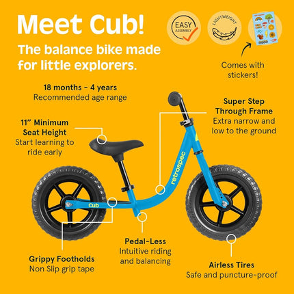 Retrospec Cub 2 Toddler 12" Balance Bike, 18 Months - 3 Years Old, No Pedal Beginner Kids Bicycle for Girls & Boys, Flat-Free Tires, Adjustable Seat, & Durable Frame