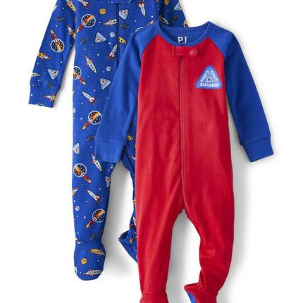 The Children's Place Baby Boys' and Toddler Short Sleeve 100% Cotton Zip-Front One Piece Pajama, Space 2-pack, 9-12 Months