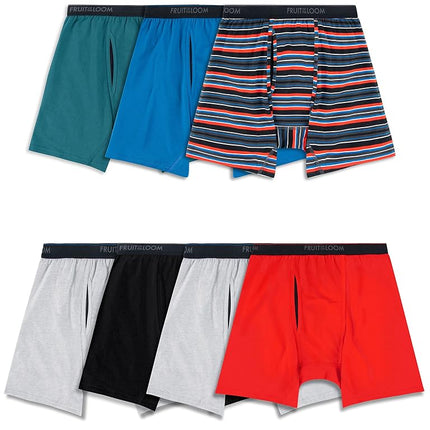Fruit of the Loom Calzoncillos bóxer elásticos 360 para hombre (secado rápido y absorción de humedad), pierna regular - Algodón elástico - Paquete de 7 rojo/azul/gris, M
