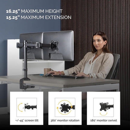 Fellowes Dual Monitor Arm - Reflex Mount for 8KG 30 inch Screens - Ergonomic Adjustable Arm Desk Mount - Tilt 45° Swivel 180° Rotation 360°, VESA 75 x 75/100 x 100 - Black