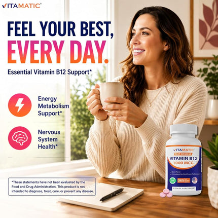 Vitamatic Vitamin B12 1000 mcg Fast Dissolve 365 Tablets - Berry Flavor - Supports Energy Metabolism (2 Bottles)