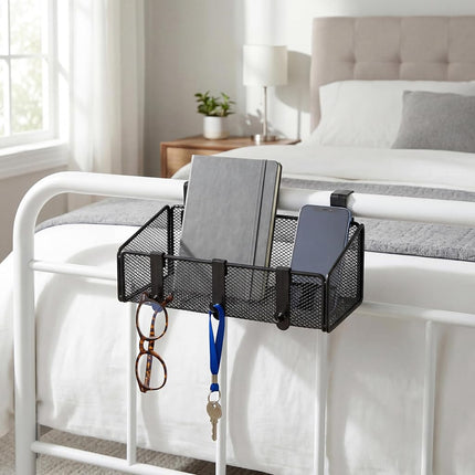 Bedside Shelf for Bed & Bunk Bed Storage Basket Desk Partition Divider Hanging Organizer with 5 Different Size Hooks - College Dorm Home Office Essentials for Nightstand,Phone,Book,Drink,Tissue(White)