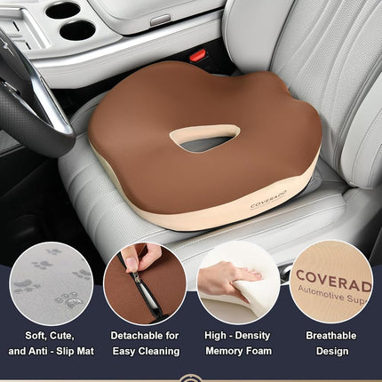 Coverado Car Seat Cushion, Memory Foam Office Chair Cushion for Car Airplane, Everlasting Comfort Sciatica & Hip & Tailbone Pain Relief Cushion for Long Sitting Driver Office Worker-Beige