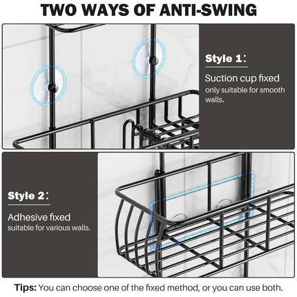 Epicano Anti-Swing Hanging Shower Caddy, Over Head Shower Caddy Rustproof with Hooks for Towels, Sponge and More, Metal Black