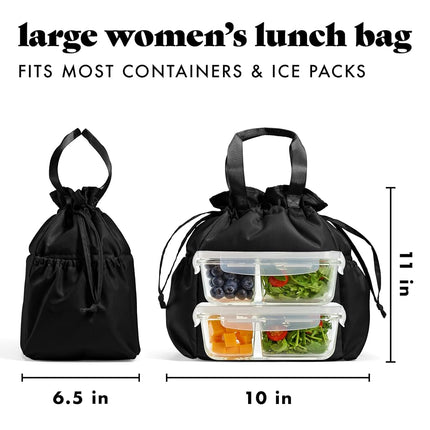 Sac à déjeuner à cordon Fit & Fresh Cromwell pour femmes, ensemble complet de déjeuner avec 2 contenants, résistant aux taches, étanche, essentiel pour la rentrée scolaire, boîte à lunch pour enseignant, noir