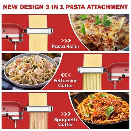 Pasta Attachment for Kitchenaid Stand Mixer, All Metal Pasta Maker Kitchenaid Attachment, Included Pasta Sheet Roller, Spaghetti Cutter, Fettuccine Cutter Maker Accessories and Cleaning Brush