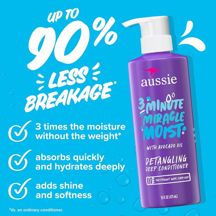 Lot shampooing, après-shampooing et masque capillaire revitalisant intense Aussie Miracle Moist 3 Minute Miracle, infusé d'avocat et d'huile de jojoba australienne, sans parabènes