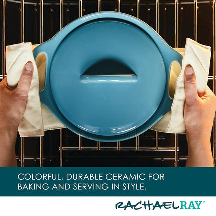 Rachael Ray Solid Glaze Ceramics Casserole Bakeware/Baker Set with Shared Lid, 3 Piece, Agave Blue