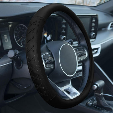 Housse de volant FH Group Universal Fit en cuir véritable 15 pouces avec détails à lacets, compatible avec la plupart des voitures et SUV, Noir