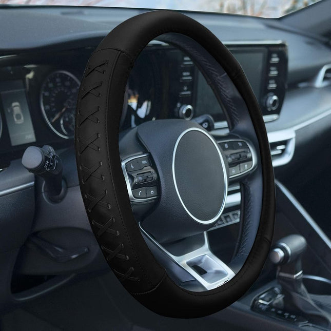 FH Group Universal Fit 15 Inch Genuine Leather with Lace-Up Detailing Steering Wheel Cover fits Most Cars, SUVs Black