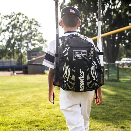Rawlings Savage Youth Baseball Bag - Kids Bat Bag – Durable Baseball Backpack – Holds Two Bats – Includes Hook to Hang on Fence - Black/Camo