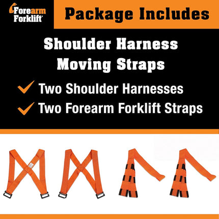 Harnais d'épaule Forearm Forklift – Modèle Original – Soulève et déplace meubles et appareils électroménagers, supporte jusqu'à 360 kg. Ensemble de harnais de déménagement, 2 harnais et 2 sangles centrales de 2,84 m de long chacune, 1 paquet, orange