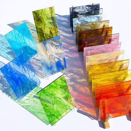 LITMIND 24 Sheets Transparent Streaky Stained Glass Sheets – Mystic Rainbow Mix, 6 x 4 Inch Smooth Art Glass for Mosaics, Suncatchers & DIY Crafts