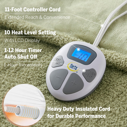 Serta Heated Blanket, Electric Twin Size, Soft, Warm, Fuzzy - Auto Shut Off Timer, 10 Lv Heat Setting, ETL Certified, 62" x 84" Sage