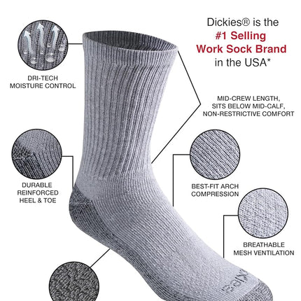 Dickies Men's Dri-tech Moisture Control Crew Socks (6 & 12, Comfort Length Grey (6 Pairs), Shoe Size: 6-12