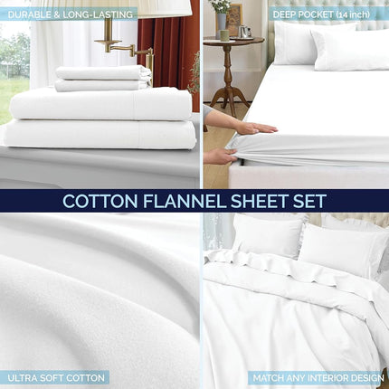 Elegant Comfort Soft 4-Piece 100% Turkish Cotton Flannel Sheet Set - Premium Quality, Deep Pocket Fitted Sheet, Ultra Soft, Cozy Warm and Anti-Pill Flannel Sheets - Cali King, White