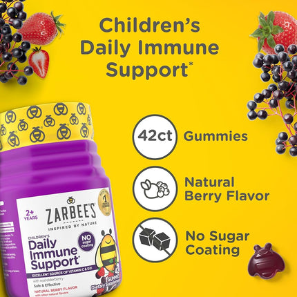 Zarbee's No Sugar Coating Elderberry Gummies for Kids, Daily Immune Support* Gummies with Vitamins C, D3 & Zinc to Support a Healthy Immune System*, No Artificial Flavors, Ages 2+, 42 ct