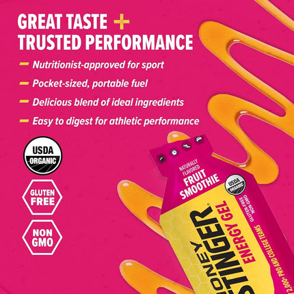 Honey Stinger Organic Fruit Smoothie Energy Gel | Gluten Free & Caffeine Free | For Exercise, Running and Performance | Sports Nutrition for Home & Gym, Pre and Mid Workout | 24 Pack, 31g