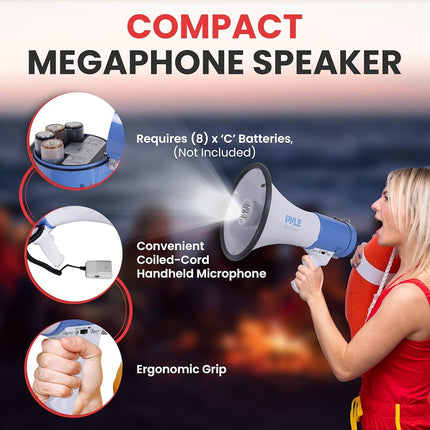 Pyle Portable Compact PA Megaphone Speaker w/LED Flashlight, Alarm Siren, Adjustable Volume, 50W Handheld Lightweight Bullhorn w/Detachable Mic, Battery Powered, for Indoor Outdoor Use (PMP51LT)